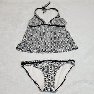 Converse White Black Logo Print 2 piece Halter Top Bikini Swimsuit Swim Bottom L